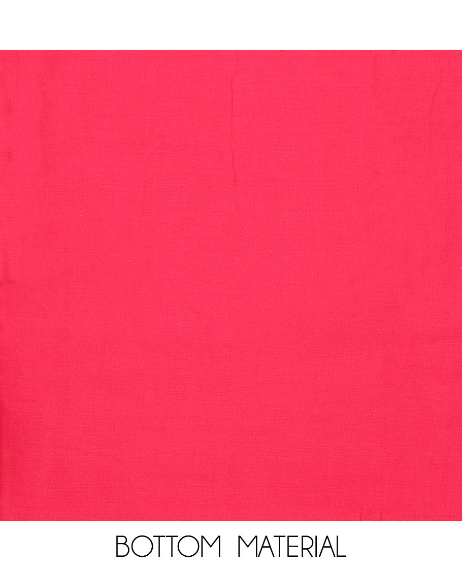 Pink Cotton Material Chudidar Set, Beautified with Leaf Motifs Print, and Embroidery on Its Cotton Top, a Plain Cotton Bottom, and Paired with Sequins Striped Dupatta