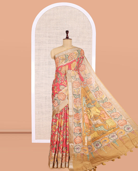 Red Kalamkari Printed Fancy Tussar Saree