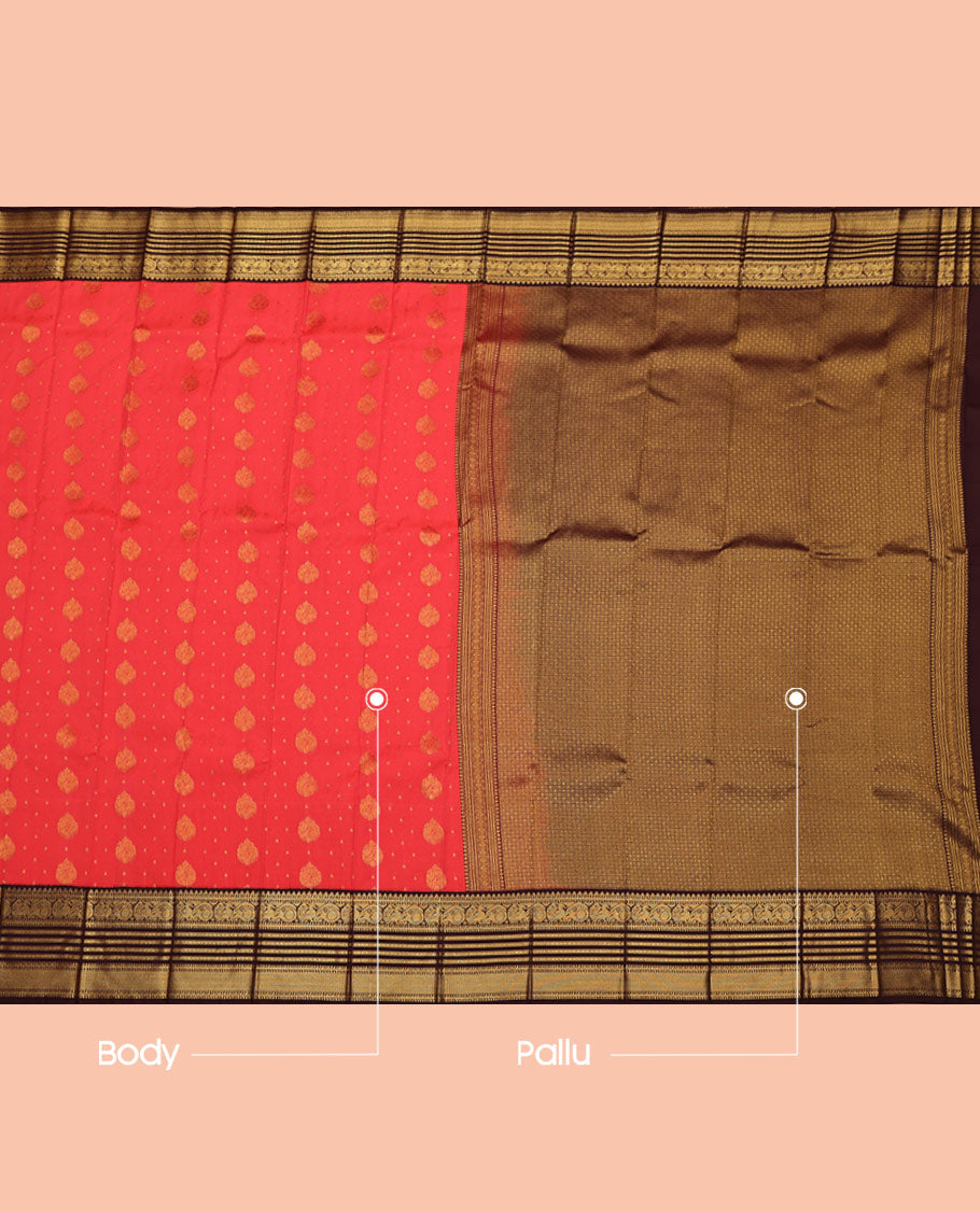 Orange Budget Silk Saree, Boldly Accentuated with Zari Buttas All Over Its Body, Complemented by a Contrast Traditional Zari Design Border, Grand Jaal Pallu, and Paired with a Contrast Blouse