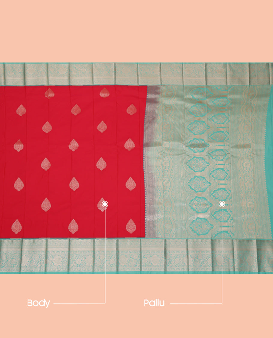 Red Budget Silk Saree, Mesmerized with Zari Buttas, Complemented by a Contrast Traditional Zari Border, Grand Pallu, and a Contrast Blouse