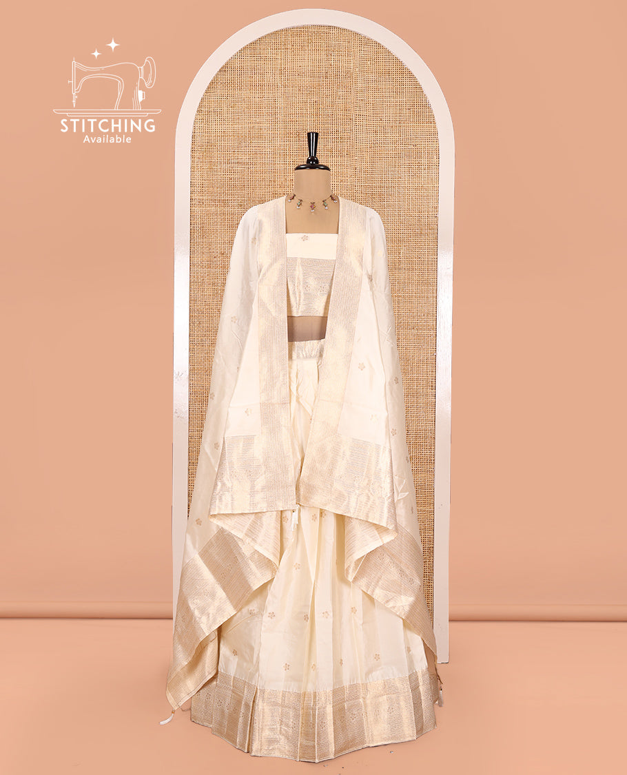 Cream Semi-Banarasi Half-Saree Featuring Zari Buttas Skirt, Traditional Zari Border, Matching Blouse, Zari Buttas Dhavani