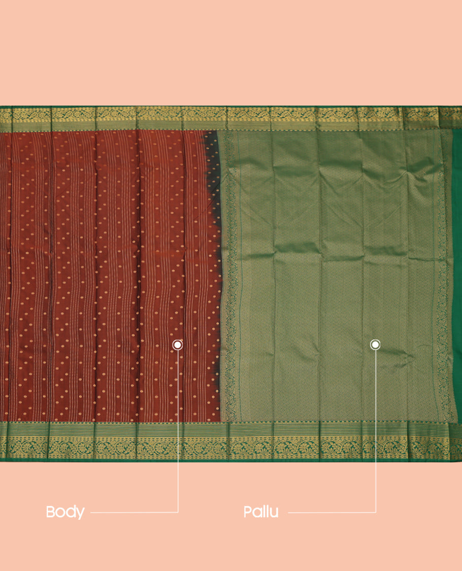 Brown Budget Silk Saree, Beautified with Zari Buttas and Stripes, a Contrast Traditional Zari Border, Intricate Pallu, and a Contrast Blouse