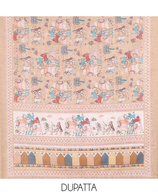 Chikku Material Churidar Set, Sparsely Woven with Buttas and Pichwai Cow Printed Semi-Linen Top, Comes with a Contrast Plain Santoon Bottom, Santoon Dupatta of Unique Pichwai and Human Figurines Print