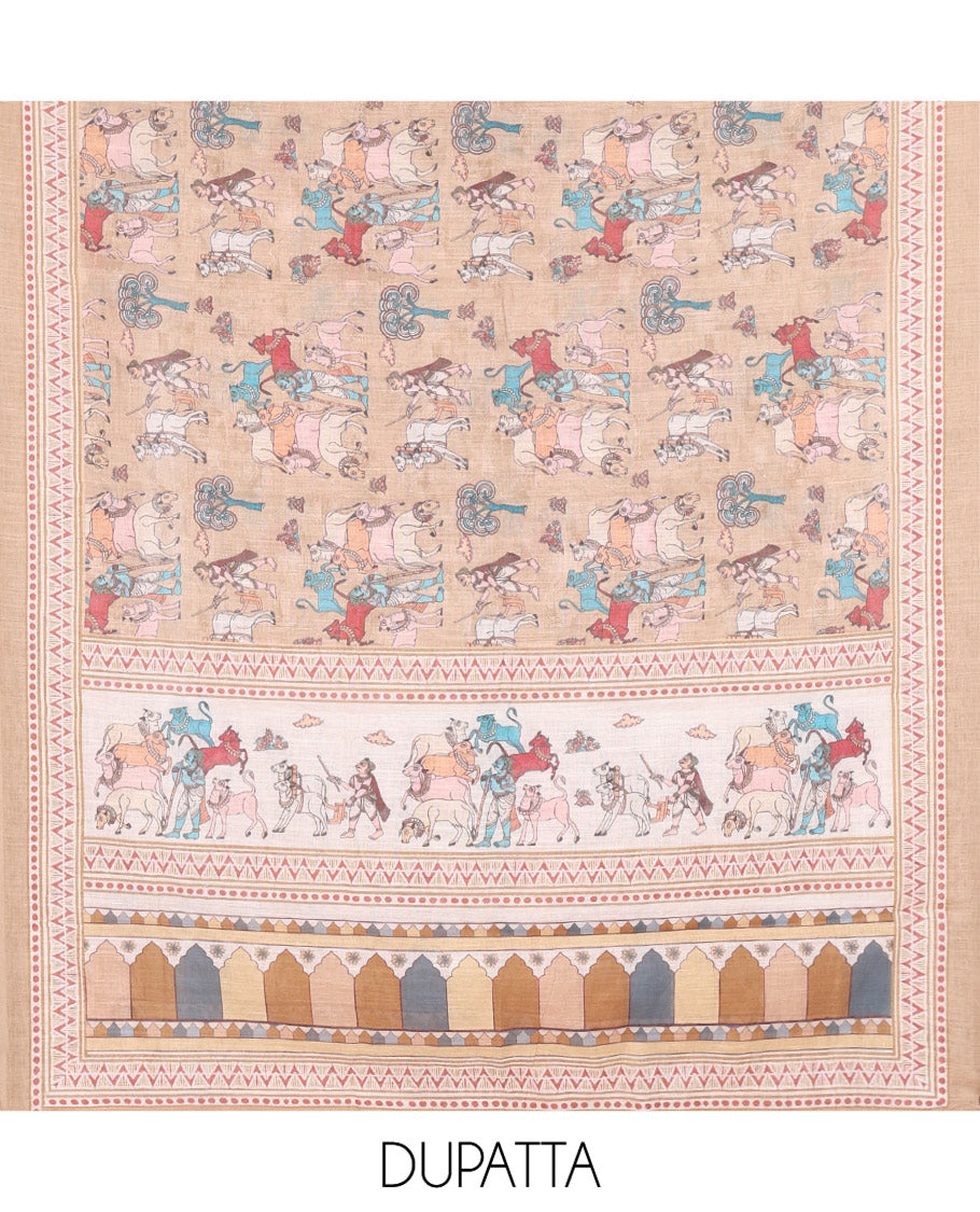 Chikku Material Churidar Set, Sparsely Woven with Buttas and Pichwai Cow Printed Semi-Linen Top, Comes with a Contrast Plain Santoon Bottom, Santoon Dupatta of Unique Pichwai and Human Figurines Print