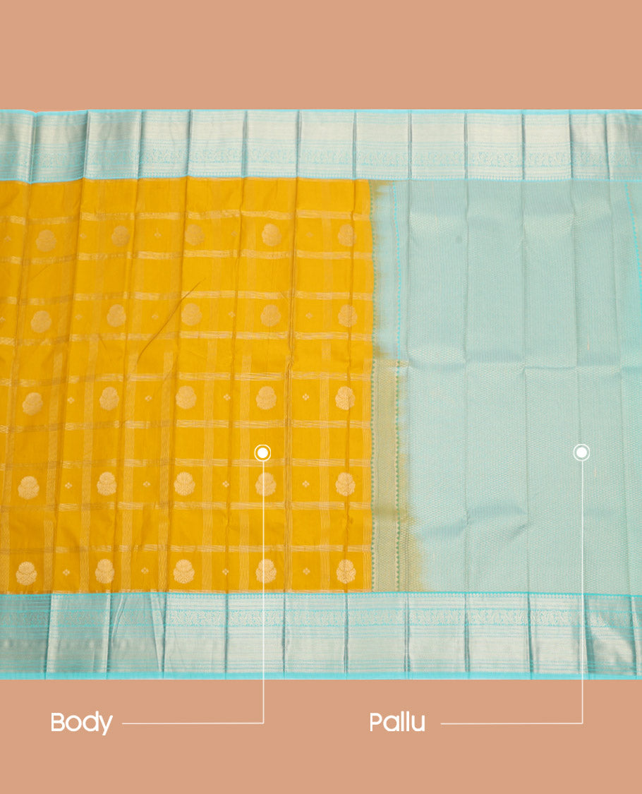 Yellow Budget Silk Saree, Sparsely Woven with Zari Buttas and Checks, Complemented by a Contrast Traditional Zari Border, Subtly Sparkled Pallu, and Contrast Blouse
