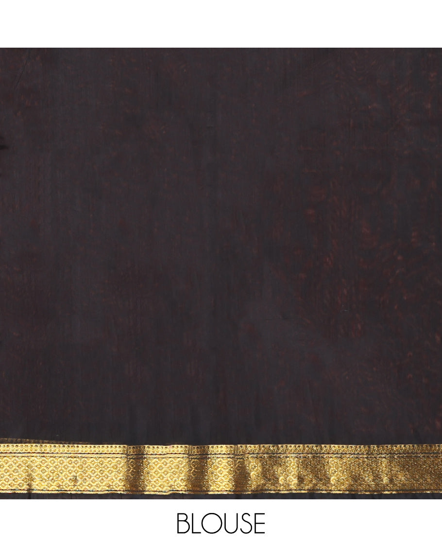 Red Maheshwari Cotton Saree, Decked Up with Buttas All Over Its Body, Highlighted by Zari Traditional Border, Complemented by a Contrast Pallu Steeped with Buttas, and Paired with a Contrast Blouse