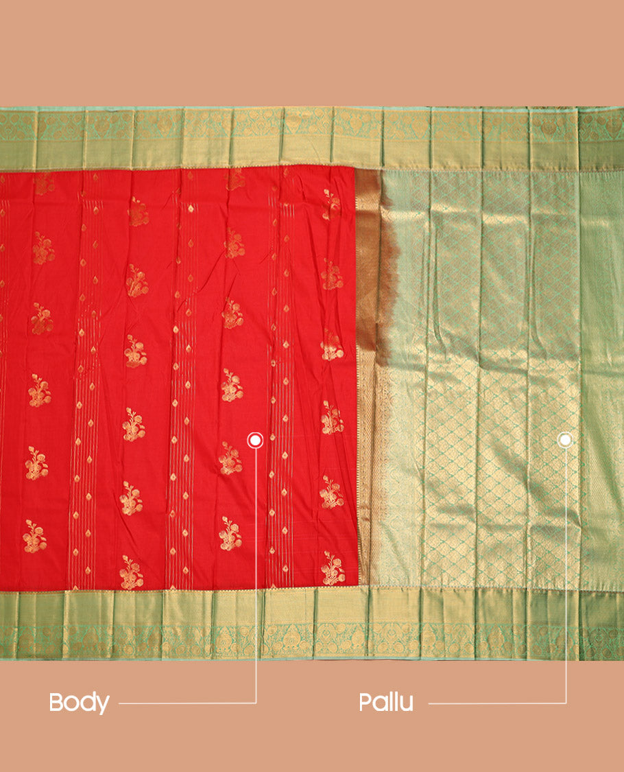 Red Budget Silk Saree, Highlighted by Zari Buttas and Stripes, Complemented by a Contrast Traditional Zari Border, Intricate Pallu, and a Contrast Blouse