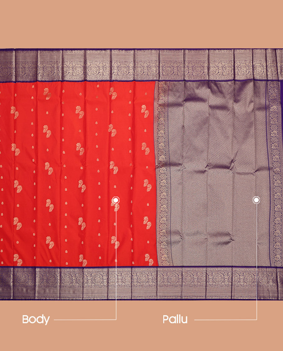 Red Budget Silk Saree, Graced with Zari Buttas on Its Body, Complemented by a Contrast Traditional Zari Border of Paisleys, Jaal Pallu, and Paired with a Contrast Blouse