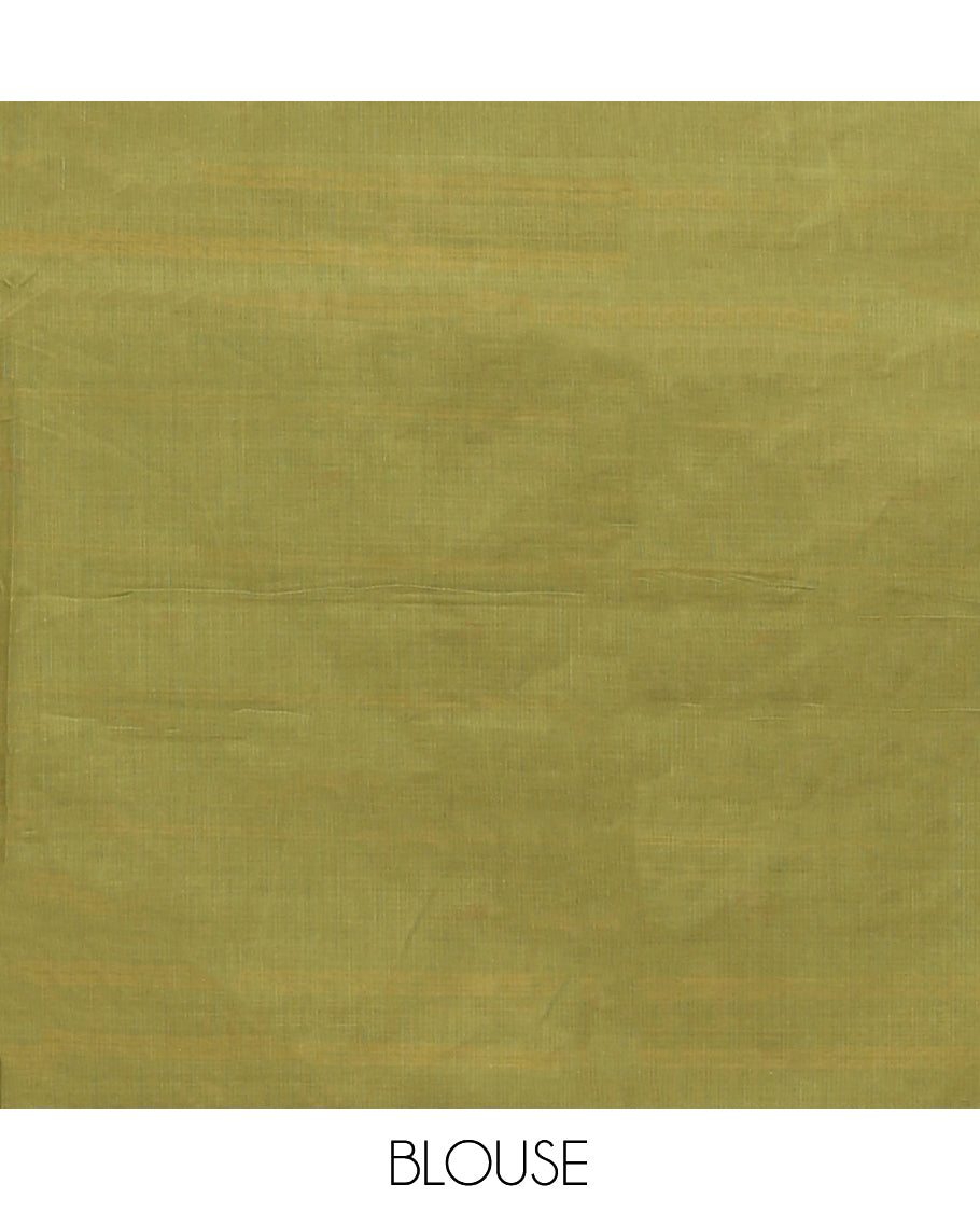 Green Chettinad Cotton Saree, Steeped with Muniya Buttas On Its Body, Complemented by a Contrast Traditional Muniya Border, Pallu of Stripes, and Paired with a Matching Blouse