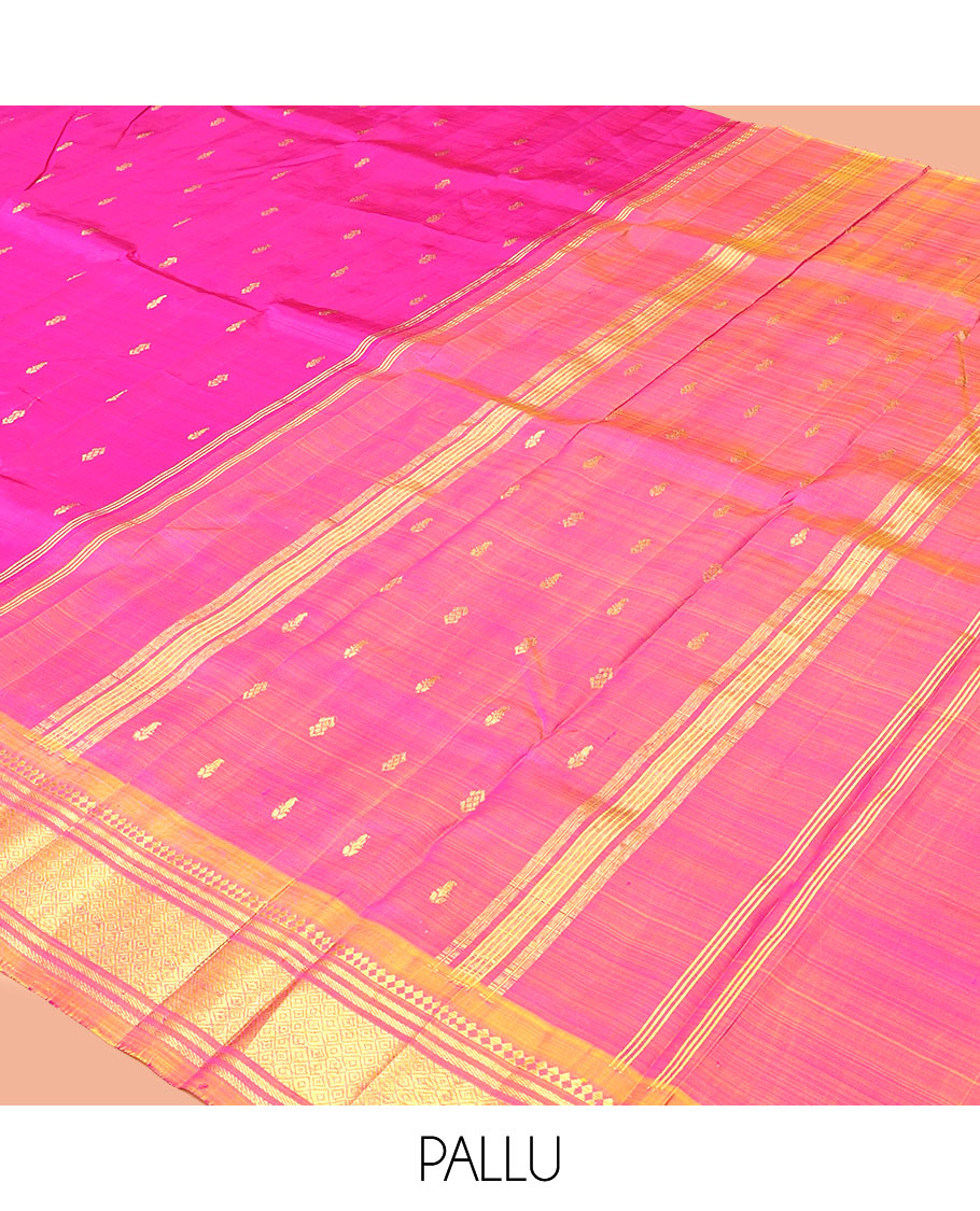 Rani Pink Kanchipuram Silk Saree Features Zari Buttas, a Contrast One-Sided Border of Paneer Sombu, Banaras, and Jaal Designs, Zari Design Pallu, and No Blouse