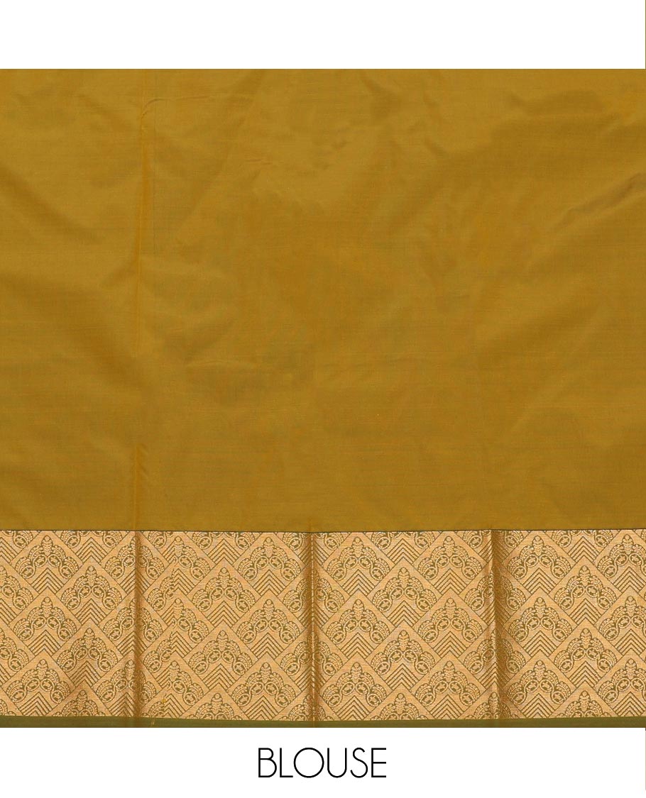 Yellow Art Silk Pavadai Material Set Sparsely Woven with Buttas and Stripes on Its Skirt, Complemented by a Contrast Jaal Zari Design Border, and Paired with a Contrast Blouse
