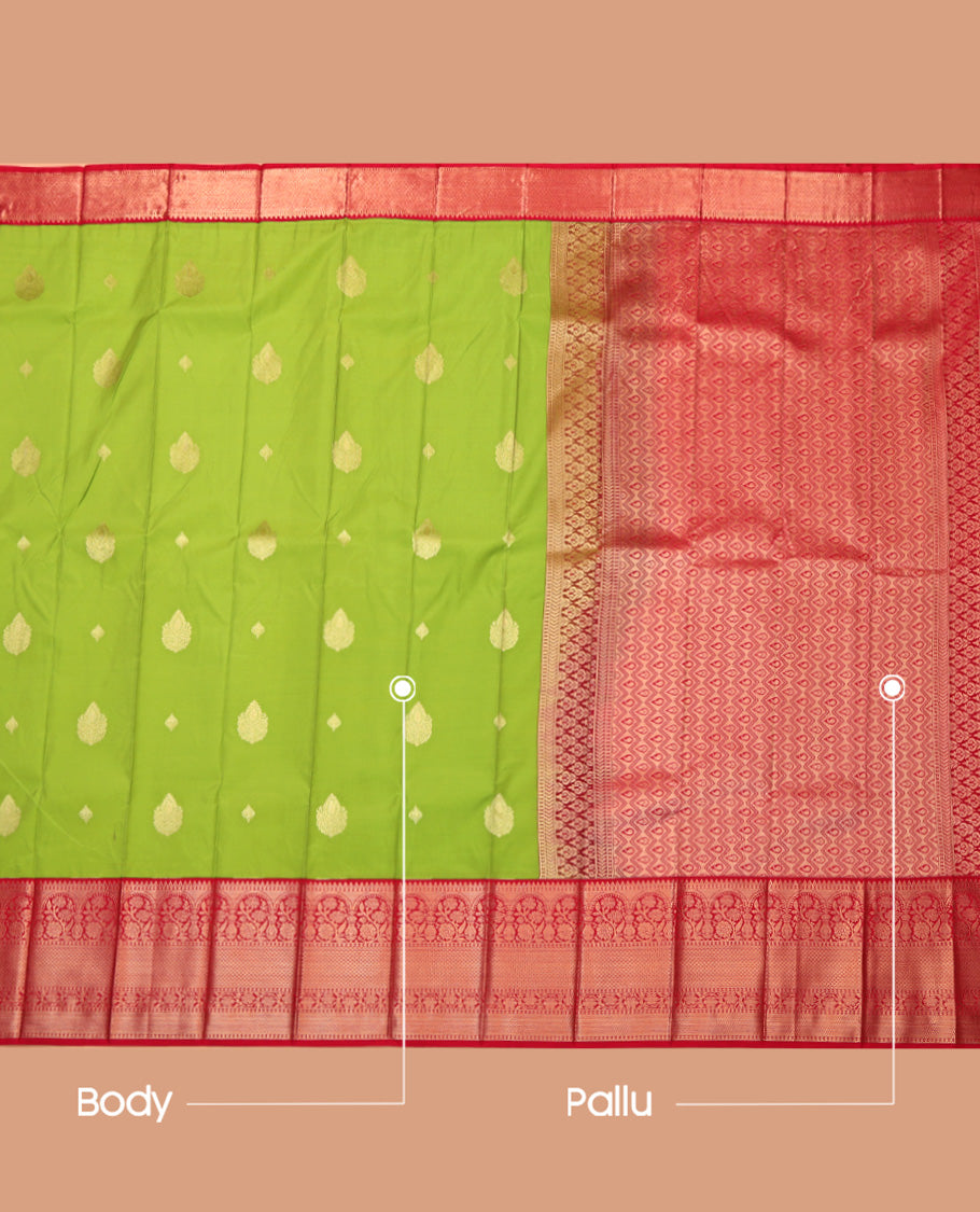 Parrot Green Budget Silk Saree, Adorned with Zari Buttas, Complemented by Contrast Traditional Zari Border, Grand Pallu, and a Contrast Blouse