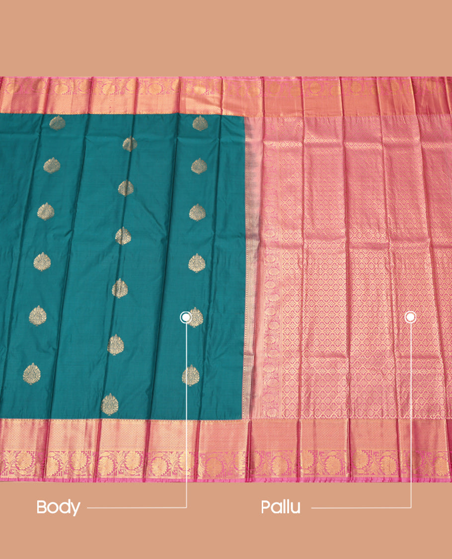 Green Budget Silk Saree, Subtly Woven with Zari Buttas, Complemented by Contrast Traditional Zari Border, Jaal Pallu and a Contrast Blouse