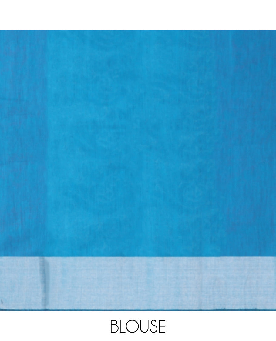 Blue Semi-Silk Cotton Saree, Uniquely Detailed with Peacock Buttas All Over Its Body, Highlighted by a Zari Border of Peacock Designs, Pallu Steeped with Peacock Zari Motifs, and Paired with a Matching Blouse