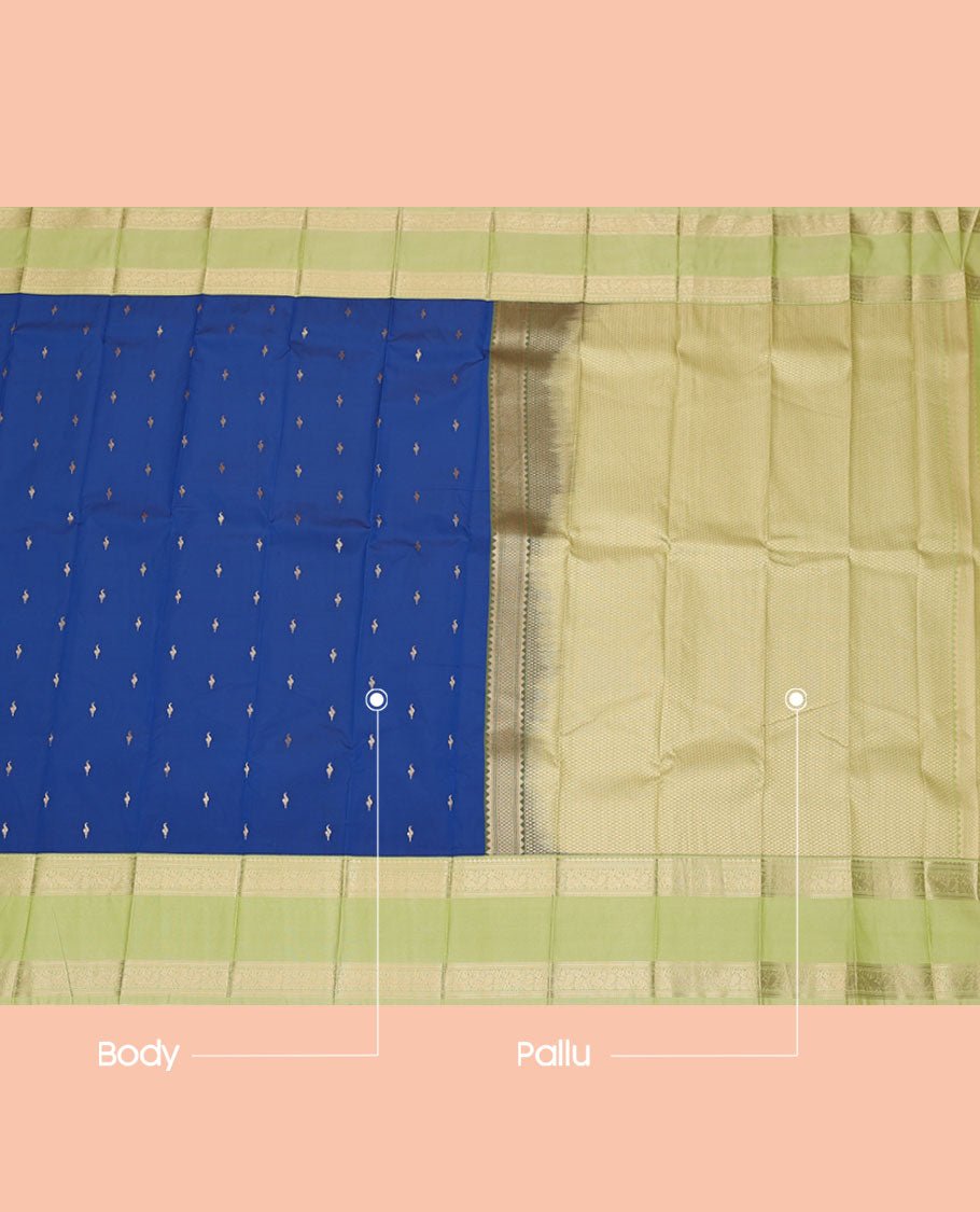Royal Blue Budget Silk Saree, Accentuated with Zari Buttas, Contrast Traditional Zari Rettai Pettu Border, Grand Pallu, and a Contrast Blouse