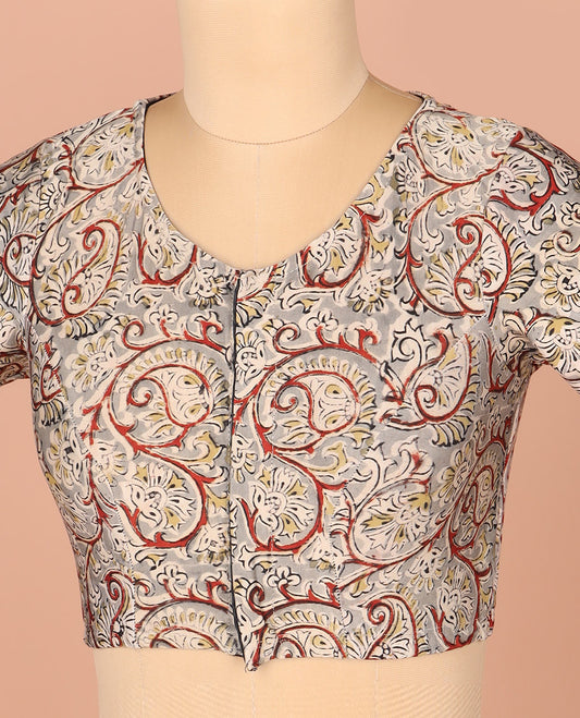 Grey Readymade Blouse Mesmerized with Paisley Vine Print, Featuring Front Round Neck, Back Round Neck, and Elbow Sleeves