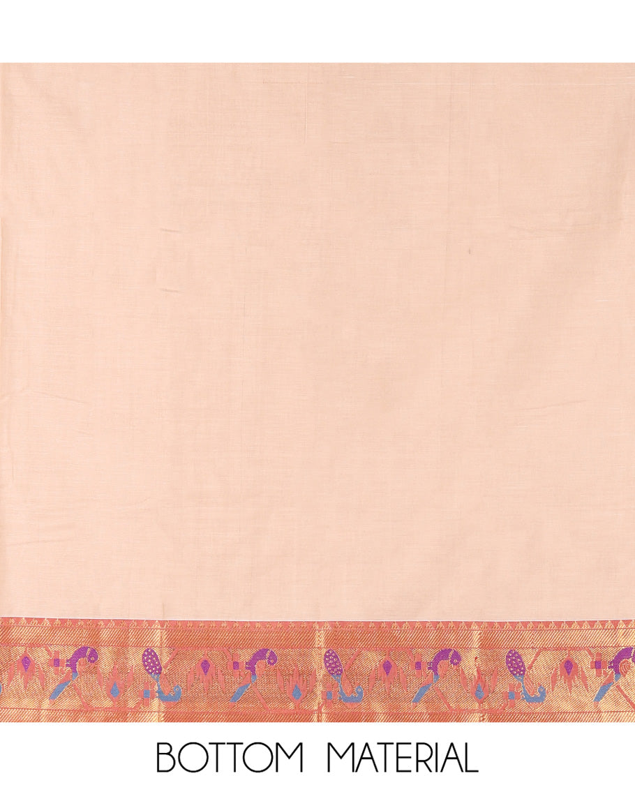Cream Mercerised Cotton Material Chudidar Set, Entralled with Paithani Bordered Top, a Mercerised Cotton Bottom, and Paired with a Matching Mercerised Cotton Paithani Bordered Dupatta