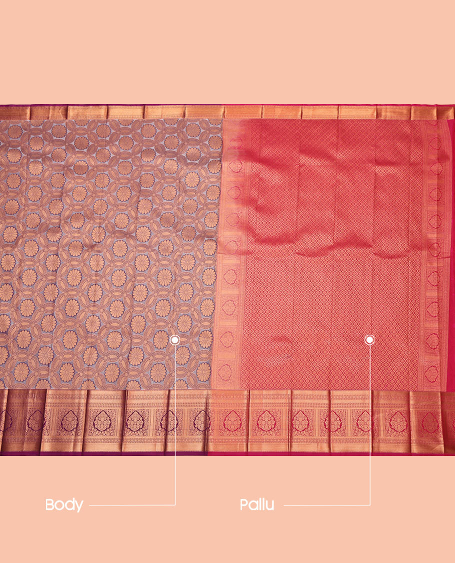Grey Budget Silk Saree, Subtly Enriched with Jacquard Design, Complemented by a Contrast Floral Creeper Zari Border, Jaal Pallu, and Contrast Blouse