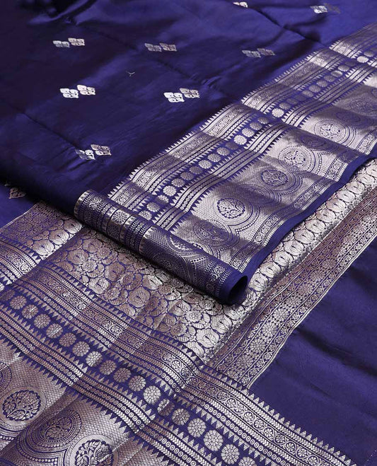 Dark blue floral motifs banaras dupion silk saree with self zari design border & floral jacquard pallu
