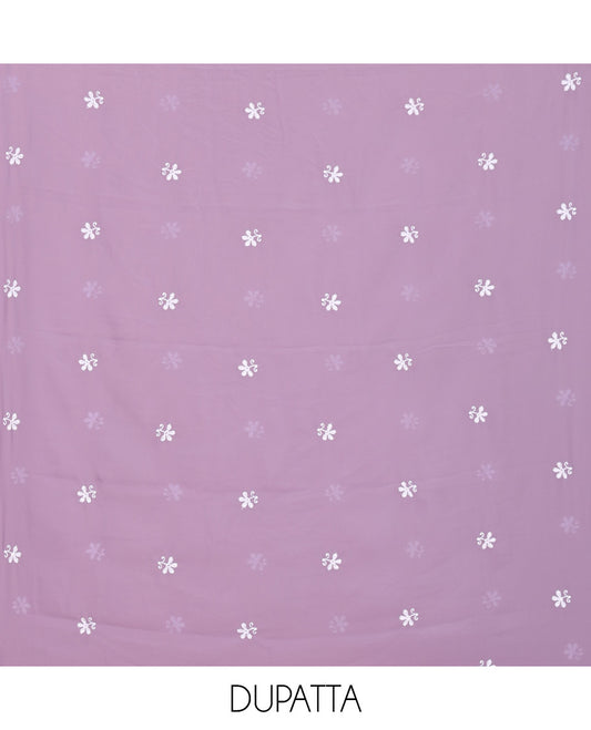 Lavender Material Chudidar Set Featuring Chikankari-Style Paisley Vine Design, Thread-Embroidered Georgette Top, Subtly Made Plain Santoon Material Bottom, and a Floral Motifs-Embroidered Georgette Scallop-Bordered Dupatta