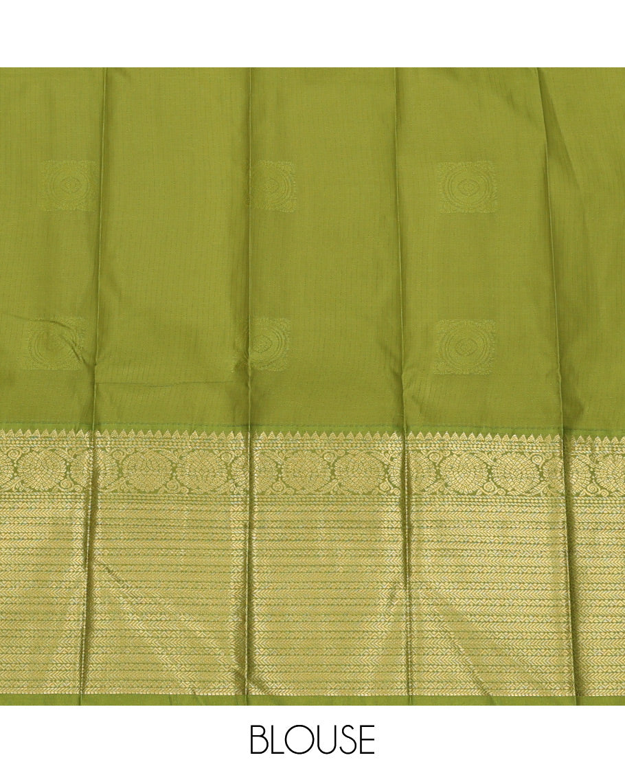 Beige Budget Silk Saree, Sparsely Threaded with Zari Buttas and Stripes, Complemented by a Contrast Traditional Zari Border, Jaal Pallu, and Contrast Blouse
