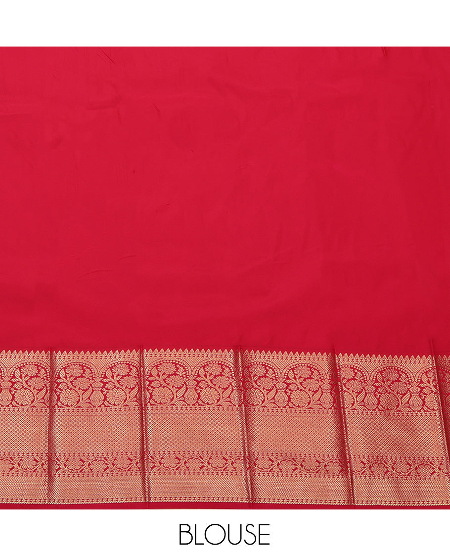 Parrot Green Budget Silk Saree, Adorned with Zari Buttas, Complemented by Contrast Traditional Zari Border, Grand Pallu, and a Contrast Blouse