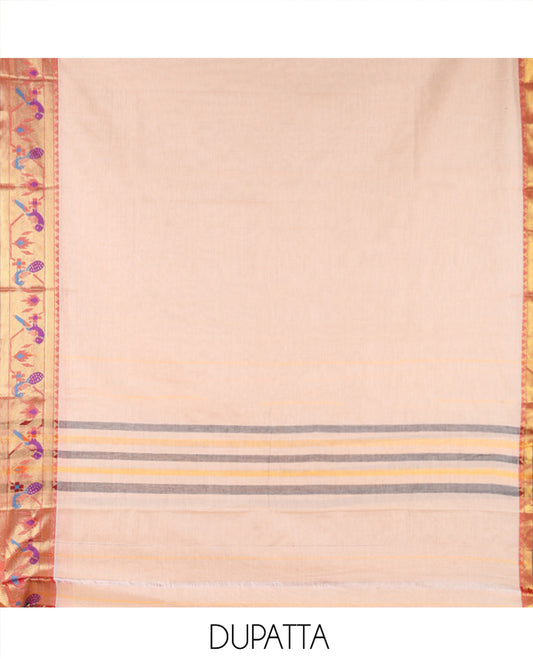 Cream Mercerised Cotton Material Chudidar Set, Entralled with Paithani Bordered Top, a Mercerised Cotton Bottom, and Paired with a Matching Mercerised Cotton Paithani Bordered Dupatta