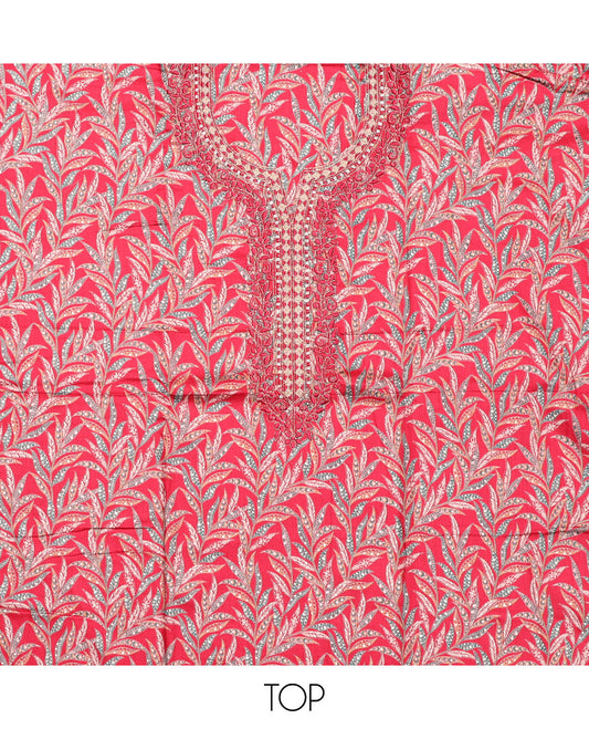 Pink Cotton Material Chudidar Set, Beautified with Leaf Motifs Print, and Embroidery on Its Cotton Top, a Plain Cotton Bottom, and Paired with Sequins Striped Dupatta