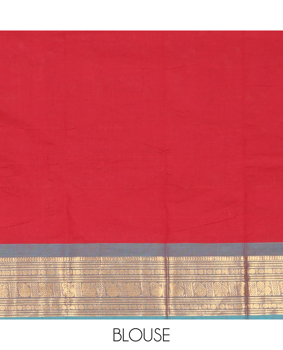 Red Plain Chettinad Cotton Saree, Complemented by Contrast Traditional Zari Design Ganga-Jamuna Border, Subtly Striped Pallu, and Paired with Matching Blouse
