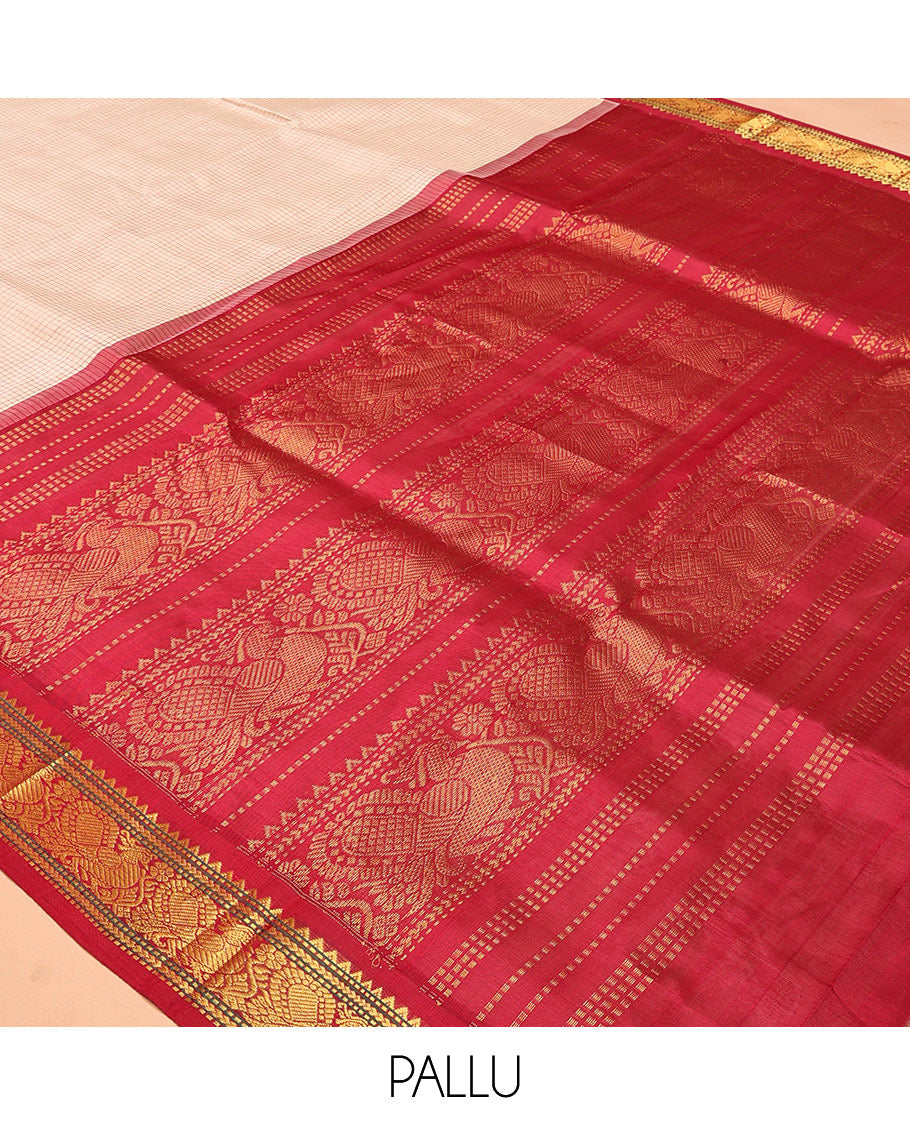 Off-White Checked Kuppadam Silk Saree, a Contrast Traditional Zari Border, Peacock Pallu, a Contrast Blouse