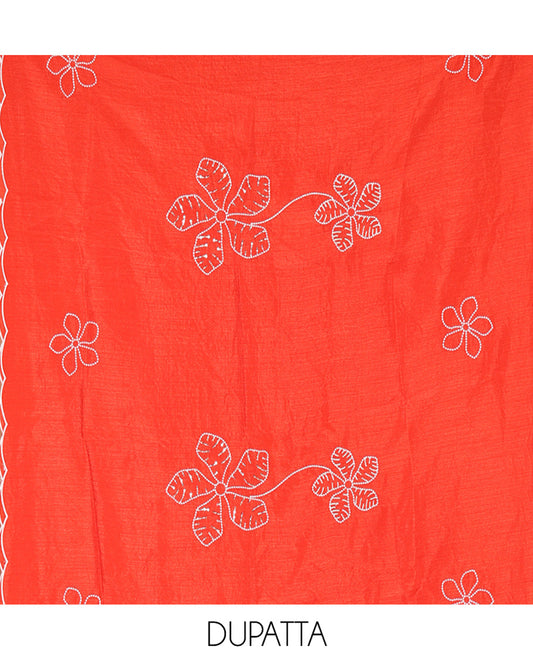 Orange Material Chudidar Set, Delicately Woven with Floral Thread Embroidered Mul Chanderi Top, a Mul Chanderi Bottom, Paired with Floral Thread-Embroidered Mul Chanderi Dupatta