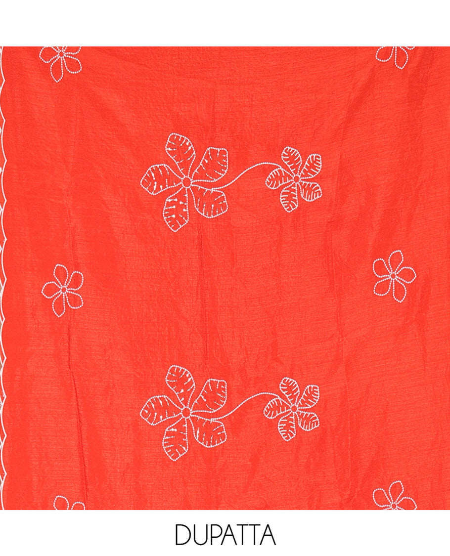 Orange Material Chudidar Set, Delicately Woven with Floral Thread Embroidered Mul Chanderi Top, a Mul Chanderi Bottom, Paired with Floral Thread-Embroidered Mul Chanderi Dupatta