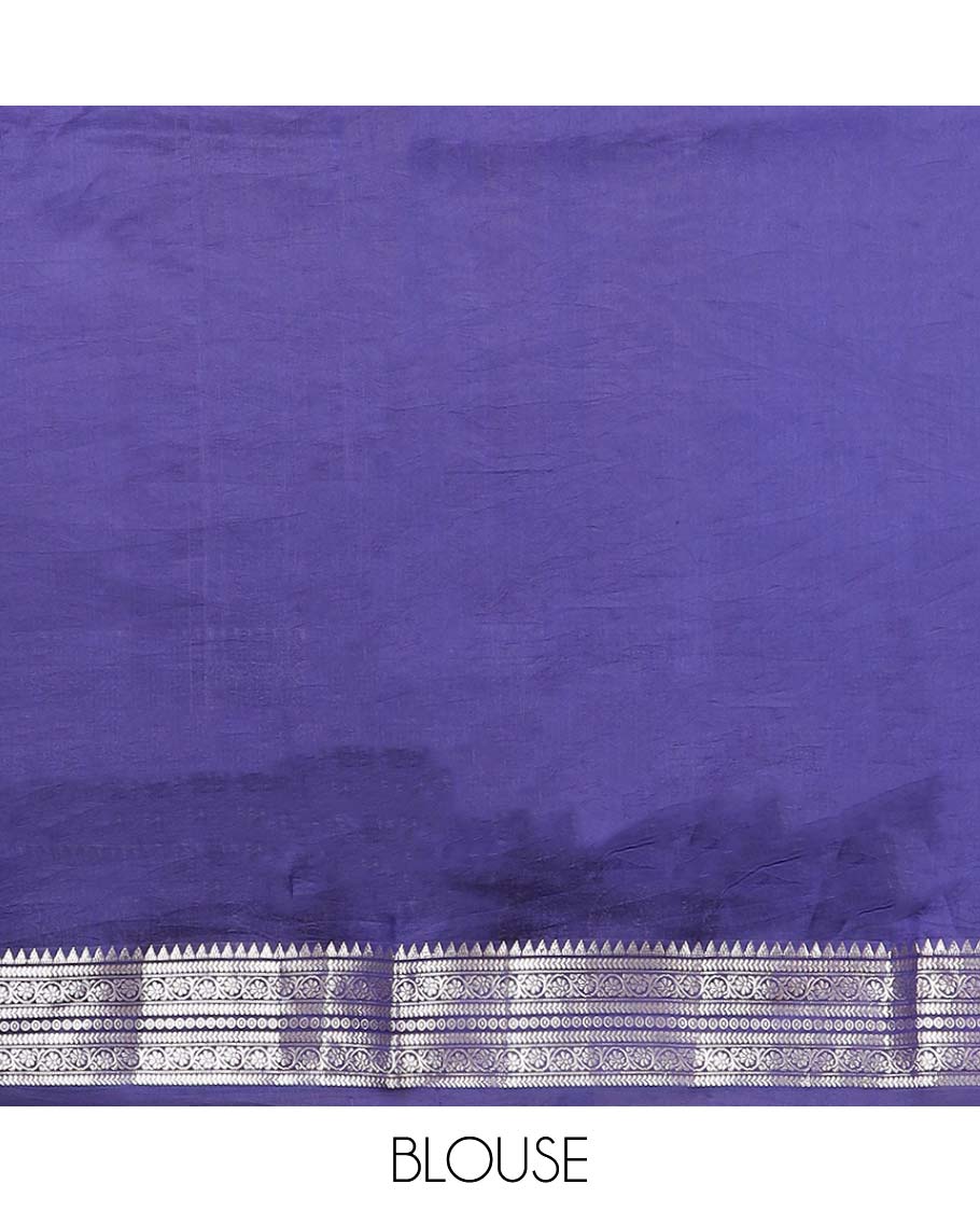 Dark blue floral motifs banaras dupion silk saree with self zari design border & floral jacquard pallu