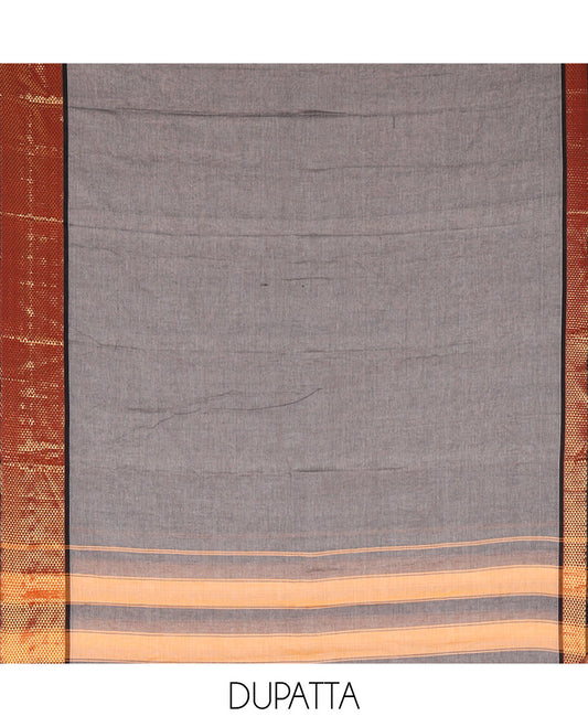 Grey Mercerised Cotton Material Churidar Set, Subtly Made with Plain and Traditional Ara Maadam Bordered Top, Comes with a Plain Mercerised Cotton Bottom, and Is Paired with a Mercerised Cotton Ara Maadam Woven Dupatta