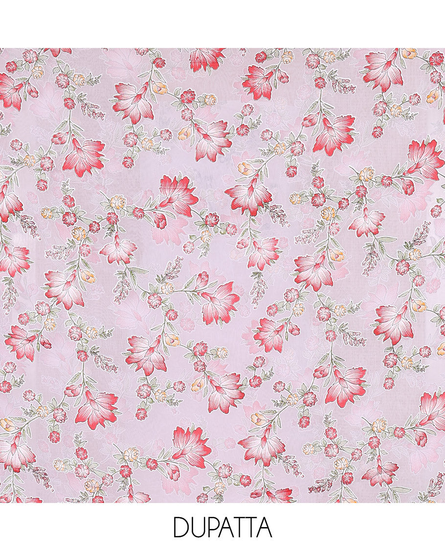 White-red material chudidar set, floral vine printed with orginal mirror work Vichitra silk top, a matching bottom, and a floral vine printed georgette dupatta