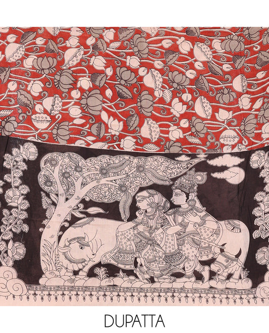 Cream-Black Cotton Material Chudidar Features Kalamkari Ancient Humans Printed Top, Contrast Bottom, Kalamkari Dupatta