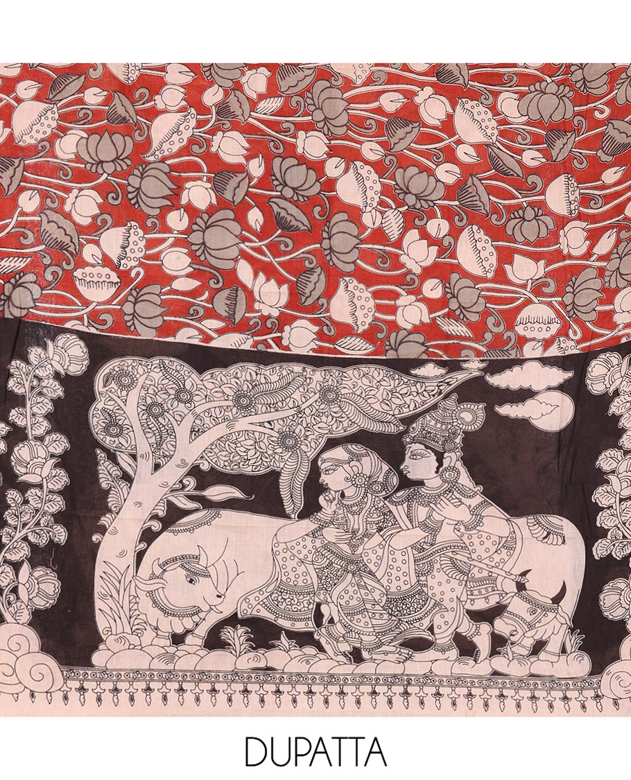 Cream-Black Cotton Material Chudidar Features Kalamkari Ancient Humans Printed Top, Contrast Bottom, Kalamkari Dupatta