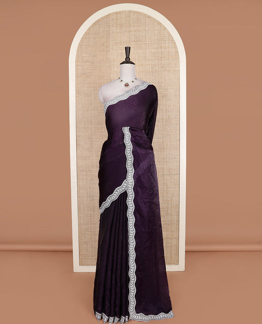 Purple plain designer saree, scallop intricately embroidered border