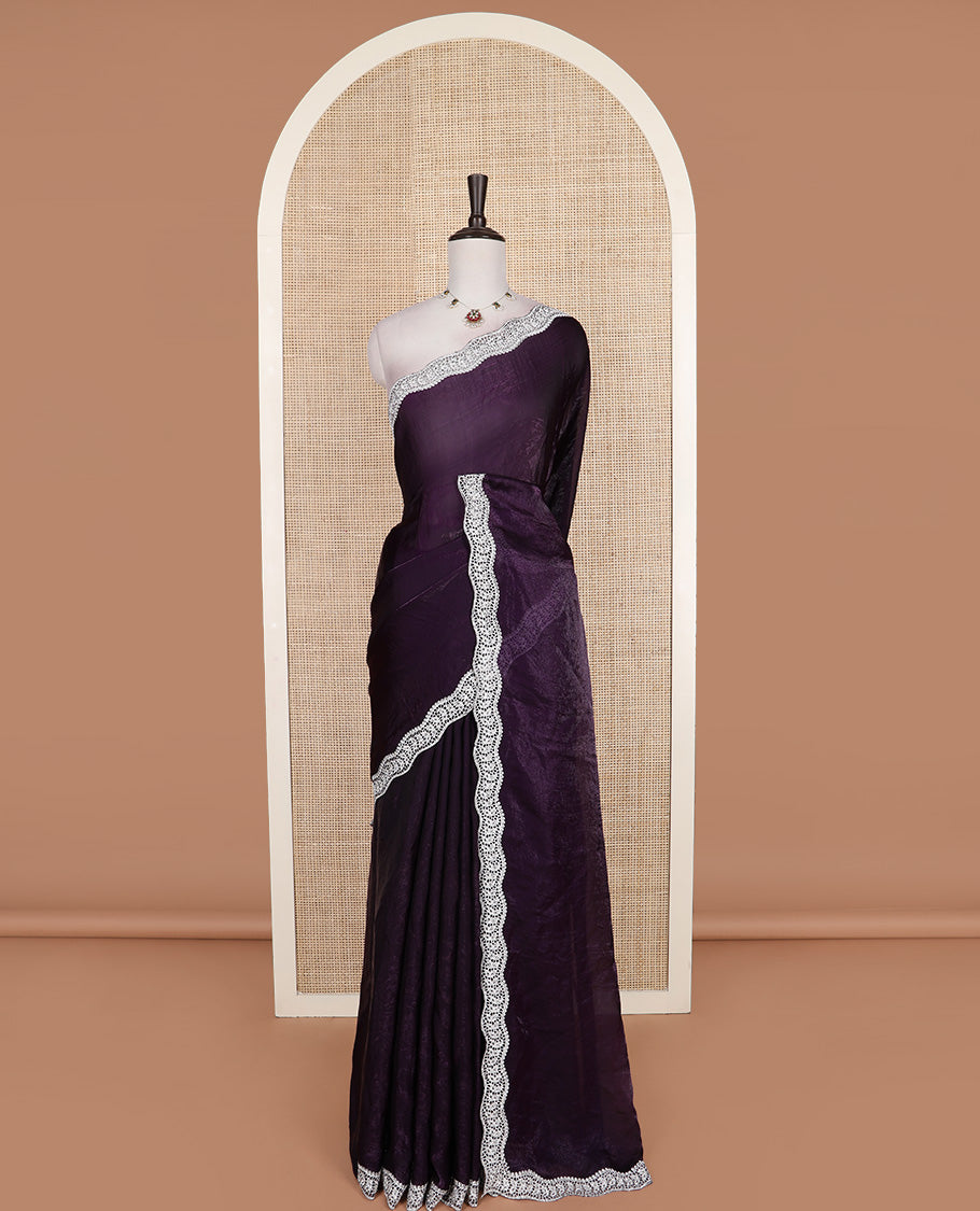 Purple plain designer saree, scallop intricately embroidered border