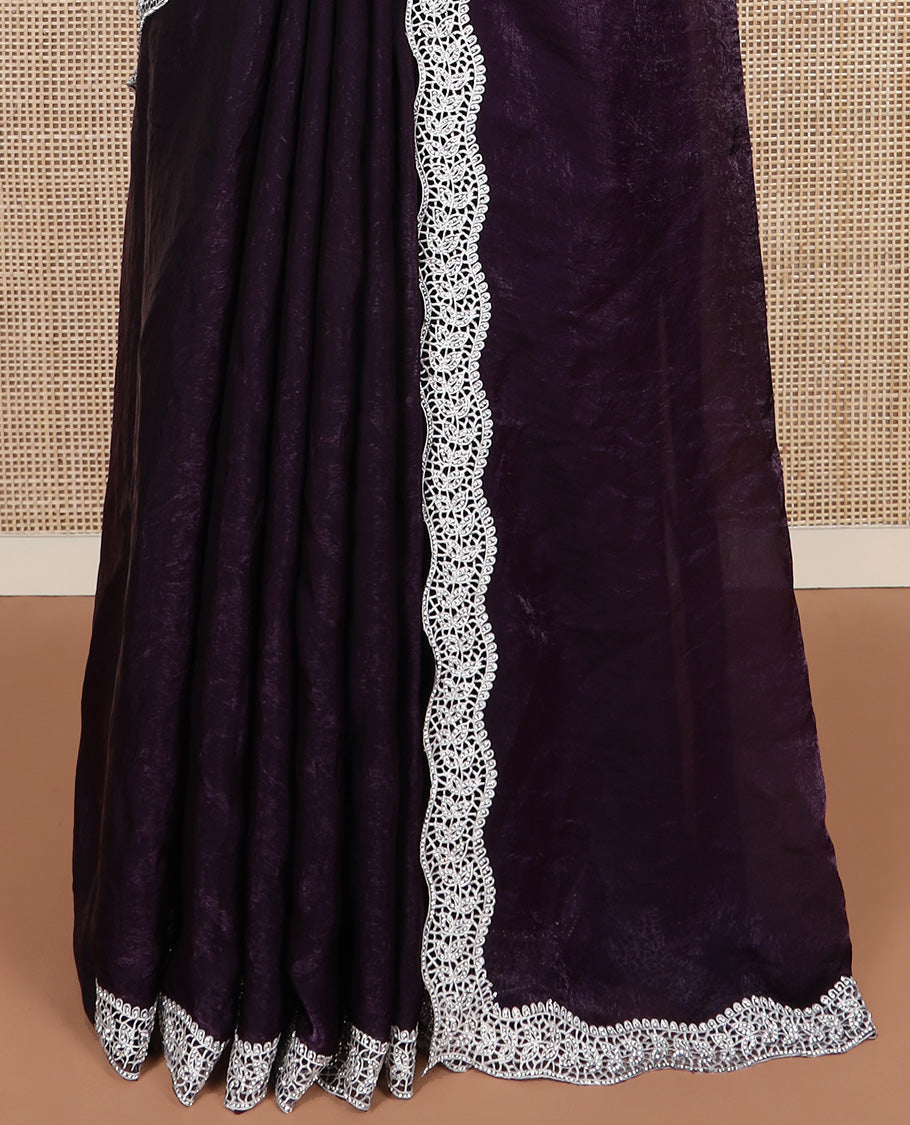 Purple plain designer saree, scallop intricately embroidered border