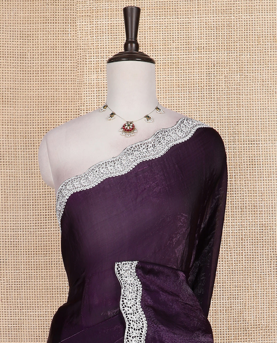 Purple plain designer saree, scallop intricately embroidered border