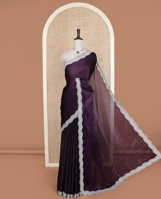 Purple plain designer saree, scallop intricately embroidered border