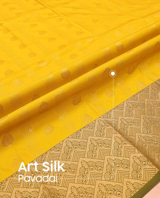 Yellow Art Silk Pavadai Material Set Sparsely Woven with Buttas and Stripes on Its Skirt, Complemented by a Contrast Jaal Zari Design Border, and Paired with a Contrast Blouse