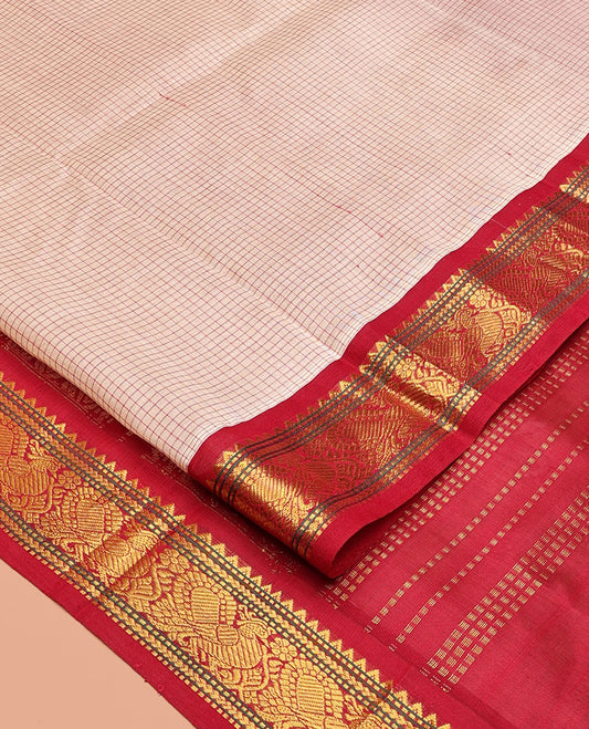 Off-White Checked Kuppadam Silk Saree, a Contrast Traditional Zari Border, Peacock Pallu, a Contrast Blouse