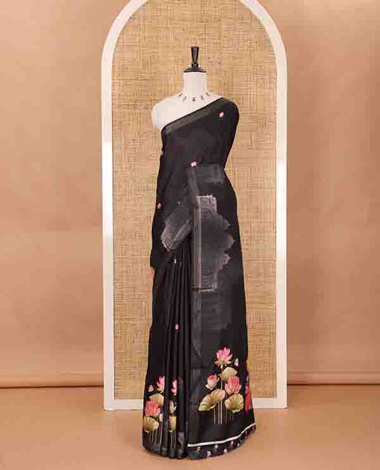 Black pichwai lotus & mughal arches printed soft tussar saree,zari border, pichwai lotus & Radha Krishna printet pallu & pichwai lotus printed blouse