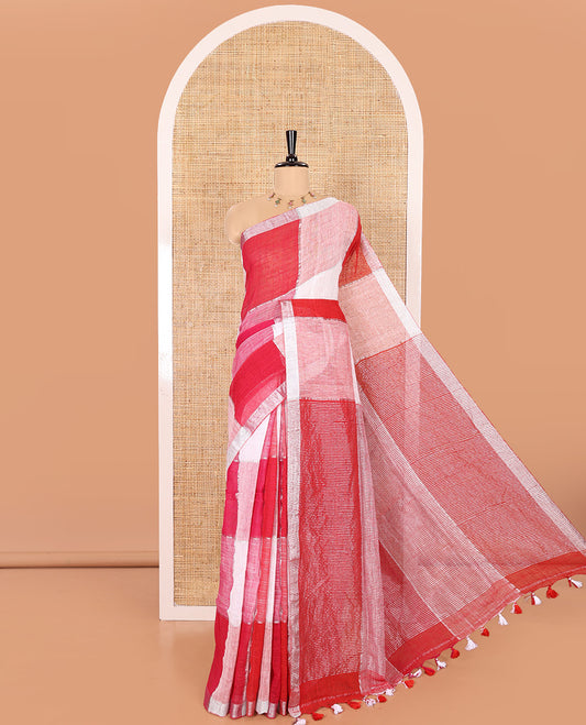 Red and Pink Zari Checked Khadi Linen Saree, Subtly Woven Silver Zari Piping Border, Pallu Steeped with Silver Zari Stripes, and Comes with a Matching Blouse