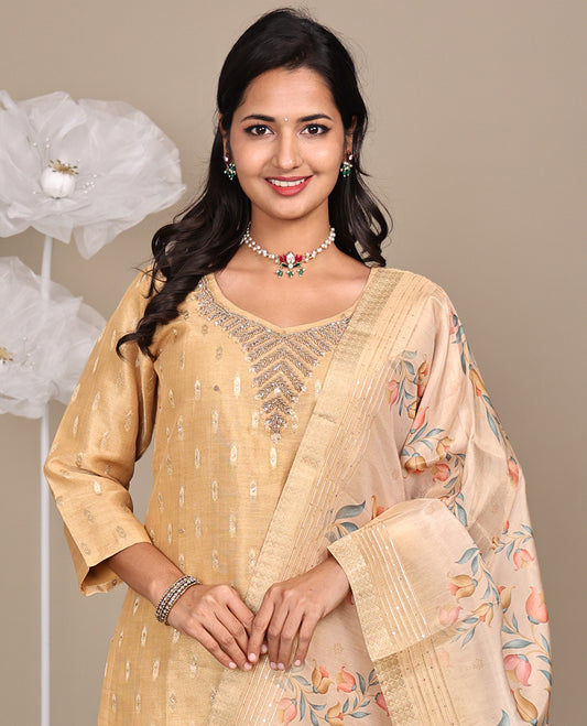 Sandal Ready-Made Tissue Suit, Elevated with Embroidered Round Neckline, 3/4 Sleeves, and a Straight-Cut Top, Paired with Straight-Cut Pants and a Floral Printed Dupatta