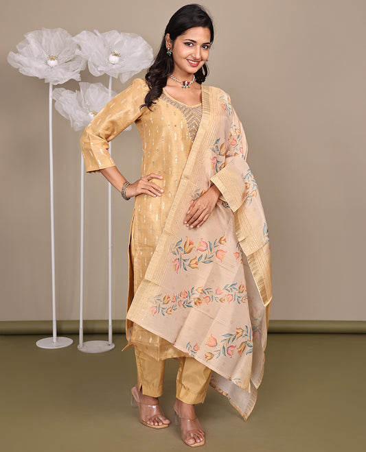Sandal Ready-Made Tissue Suit, Elevated with Embroidered Round Neckline, 3/4 Sleeves, and a Straight-Cut Top, Paired with Straight-Cut Pants and a Floral Printed Dupatta