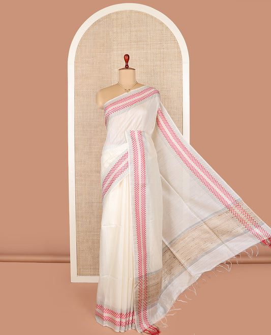 White plain tussar saree, self-border of stripes and zig-zag stripes, and self-pallu