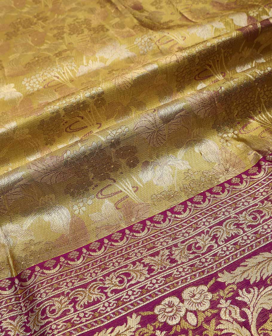 Green pure silk half saree, floral jacquard skirt, contrast jacquard blouse and Mughal style border, and intricate dhavani